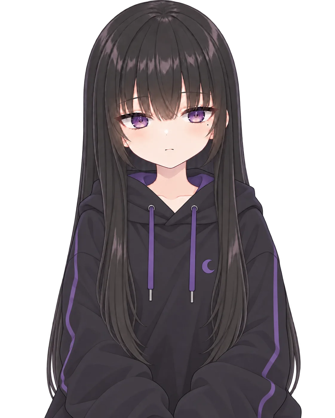 まっすぐな黒髪ロングと紫色のジト目で黒いパーカーを着た鳴海小夜